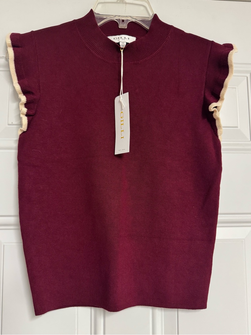Gilli Burgundy Knit Sleeveless Top with Cream Ruffle Trim